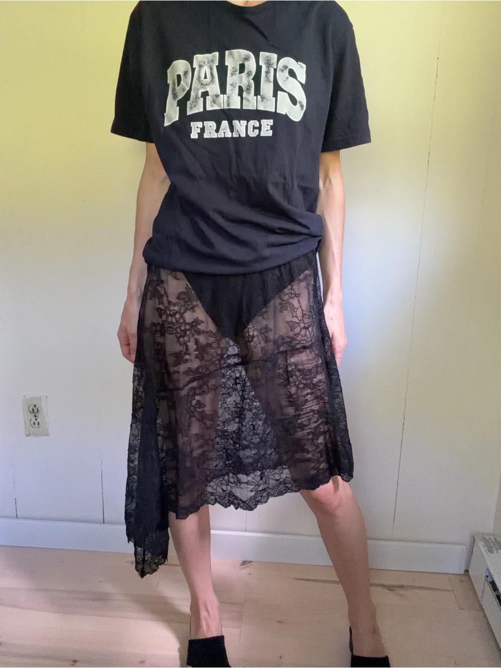 Vintage Black Lace Sheer Asymmetric Midi Skirt